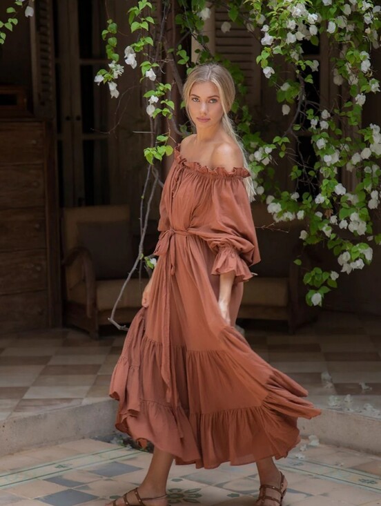 Hazel & Folk Dresses & Skirts - Women's Rust Off-Shoulder Tiered Maxi Dress